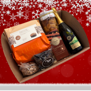cesto natalizio panettone fiasconaro, spumante, babà al rhum, tavoletta cioccolato venchi, mandorle