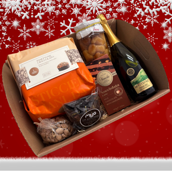 cesto natalizio panettone fiasconaro, spumante, babà al rhum, tavoletta cioccolato venchi, mandorle